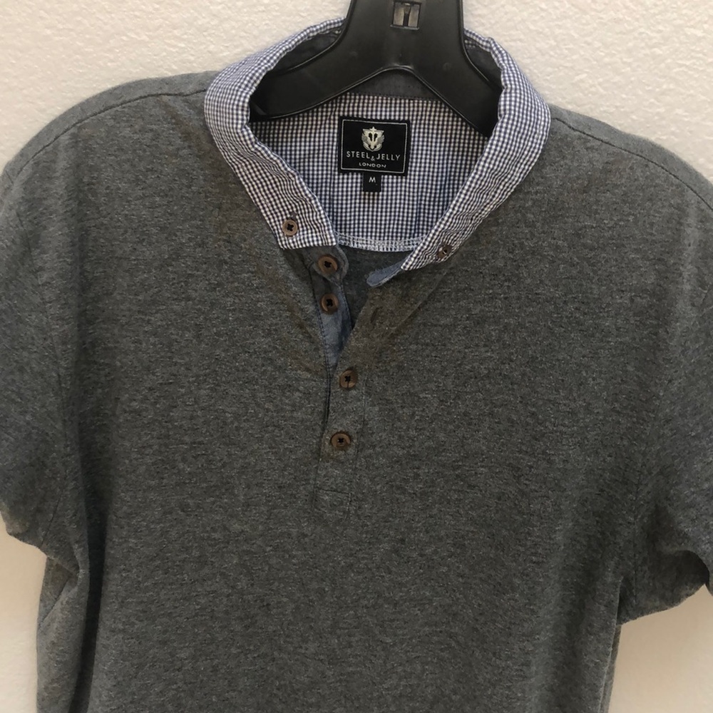 Men’s Polo Shirt - gingham collar & gray cotton